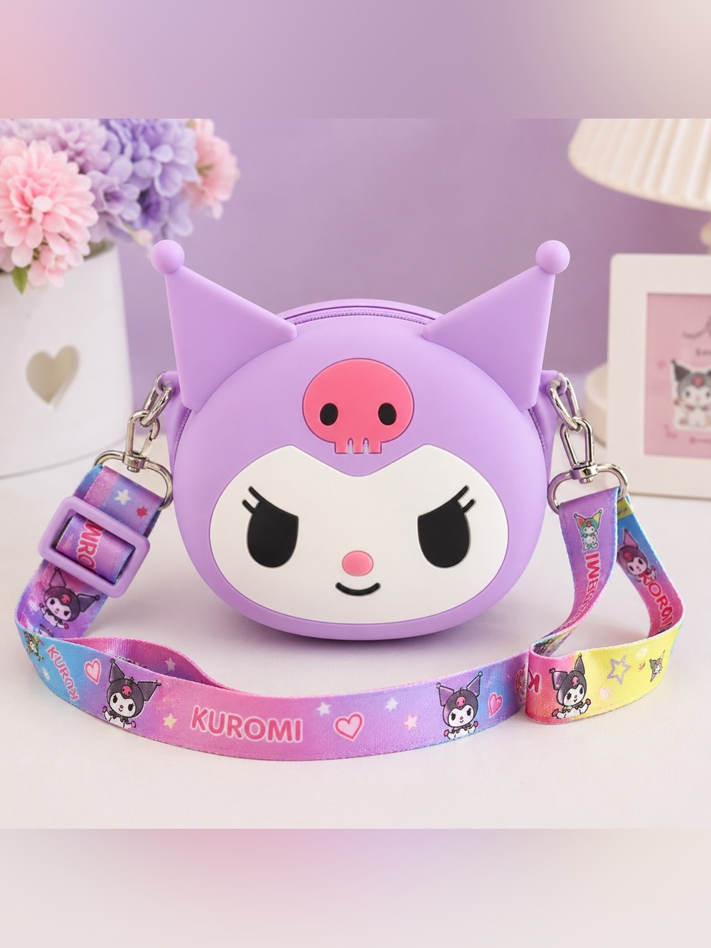 Kuromi Crossbody Bag Purple Silicone Purse Kids Kawaii Adjustable Strap NWT